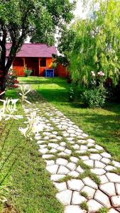 a stone path in a yard with a house at Casa Pavel Jurilovca in Jurilovca