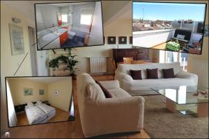 un collage de cuatro fotos de una sala de estar en ÁTICO CENTRO LOGROÑO VISTAS y garaje en Logroño