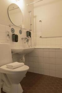 ein Badezimmer mit einem WC, einem Waschbecken und einem Spiegel in der Unterkunft Hotel Alexander in Mänttä