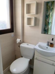 ein Badezimmer mit einer weißen Toilette und einem Waschbecken in der Unterkunft Estudio sin habitación ,todo en una estancia Blanco Denia in Denia