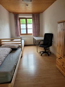 een slaapkamer met een bed, een bureau en een stoel bij Cityhostel Wieselburg in Wieselburg