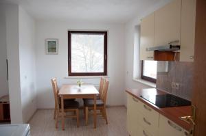 eine Küche mit einem Tisch und Stühlen sowie einem Fenster in der Unterkunft Apartments Lipa in Železniki