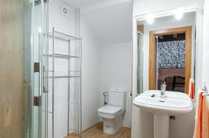 a bathroom with a toilet and a sink and a shower at La casita de susa en mazcuerras in Villanueva de la Peña +25 photos