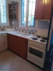 a kitchen with a stove and a sink at Eleni's house II in Kóronos