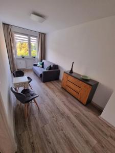 a living room with a couch and a table at Apartament Luxusowe Karkonosze in Jelenia Góra