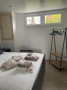 1 dormitorio con 1 cama con toallas en Gîte l’Inattendu en Vachères