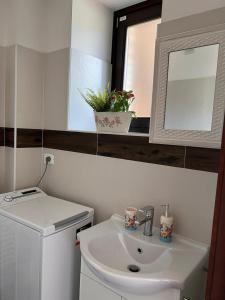 a bathroom with a sink and a mirror at La casa di Gigi in Fossa