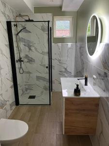 a bathroom with a shower and a sink at Frafjord Apartments Frøya in Dirdal