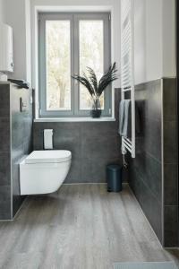 een badkamer met een wit toilet en een raam bij Saphir Quartier in Quedlinburg