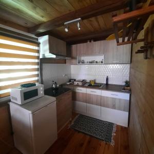 a small kitchen with a microwave and a stove at U Garnuszka in Krasnopol
