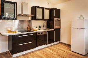 ラカノー・オセアンにあるMAMITA 2 beautiful spacious and bright apartment T4 74m 18m of terraceのキッチン(黒いキャビネット、白い冷蔵庫付)