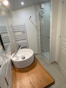 een badkamer met een witte wastafel en een douche bij Villa Octavie 