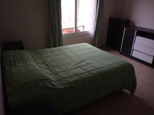 a bedroom with a bed with a green comforter and a window at Casa La Comarca in San Rafael