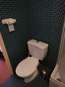 Łazienka z toaletą i zieloną ścianą wyłożoną kafelkami w obiekcie Appartement 4 personnes - Argelès-sur-Mer w Argelès-sur-Mer +5 zdjęć