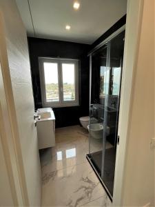 a bathroom with a shower and a sink and a toilet at CaseMaggi Attico sul Mare, Penthouse on the Sea in Portovenere