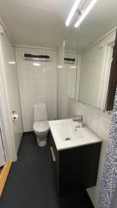 uma casa de banho com um WC, um lavatório e um espelho. em Old vacation house em Skjåk