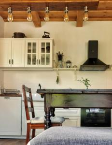 cocina con mesa de madera en una habitación en Lavanda Garden Apartment, en Bzenica