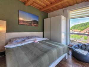 a bedroom with a large bed and a large window at Lavanda Garden Apartment in Bzenica