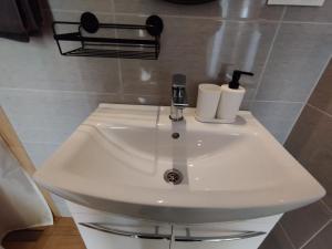 a white sink in a bathroom with two toilets at Stodoły Hołosanka 600-065-145 in Polańczyk