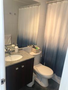a bathroom with a toilet and a sink and a shower at Neohaus vista insuperable in La Serena +10 photos