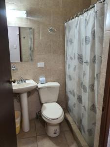 y baño con aseo, lavabo y ducha. en HOTEL PLAZA, en La Paz