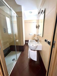 ein Bad mit einem Waschbecken und einer Dusche in der Unterkunft Hotel Welcome - All inclusive in San Benedetto del Tronto