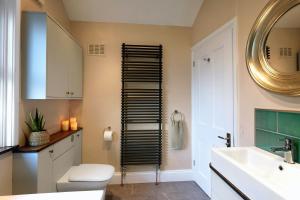 a bathroom with a toilet and a sink and a mirror at Boscobel Apartments Up in Winchester