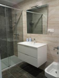 y baño con lavabo, ducha y aseo. en Apartamento LA ESTACIÓN con terraza, en Gijón