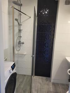 y baño con ducha y puerta de cristal. en Apartament na Skwerku, en Gdynia