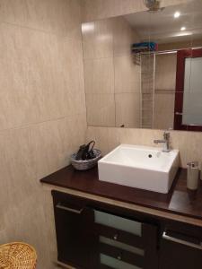 a bathroom with a white sink and a mirror at Apartamentos A Casa da Herba in Redondela
