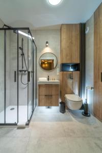 uma casa de banho com um chuveiro, um lavatório e um WC. em Silver Apartments Mountain Aparts em Świeradów-Zdrój