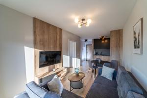 uma sala de estar com um sofá azul e uma televisão em Silver Apartments Mountain Aparts em Świeradów-Zdrój