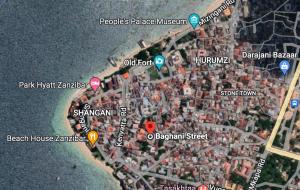 a map of a city with red dots at Uko Uko House in Zanzibar City