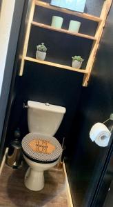 a bathroom with a toilet and shelves with plants at Fleur et Benj in Aussois
