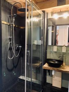 La salle de bains est pourvue d'une douche en verre et d'un lavabo. dans l'établissement Fleur et Benj, à Aussois