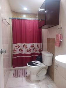 y baño con aseo y cortina de ducha roja. en Departamento 5 min del Centro todos los Servicios, en Tehuacán