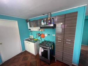 a small kitchen with a stove and a blue wall at Cabañas Don Pedro in Coihaique