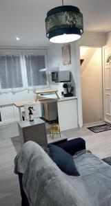een woonkamer met een bank en een keuken bij Appartement moderne refait à neuf proximité centre ville et plage in Coudekerque-Branche