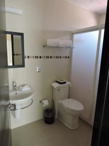 a white bathroom with a toilet and a sink at Casa Jasave Hotel in Tequisquiapan