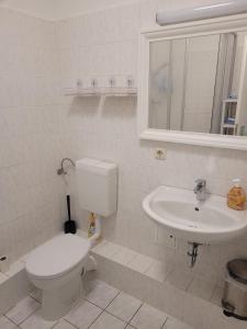 Baño blanco con aseo y lavamanos en Waldemar-Appartement, en Rostock