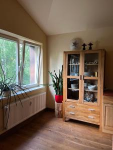 Cette chambre comprend une armoire en bois et une fenêtre. dans l'établissement Apartamentai Palangos Centre, à Palanga