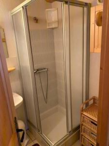 y baño con ducha y puerta de cristal. en Chalet proche Morzine et lac Léman WIFI offert, en Le Biot
