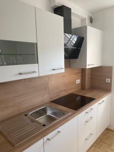 a kitchen with white cabinets and a stainless steel sink at Gamlitz - RaStra Top 7 in Gamlitz