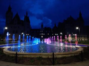 fontanna wodna przed budynkiem w nocy w obiekcie Apartament Premium Moszna w Mosznej