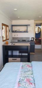 een kamer met een bed en een keuken met een aanrecht bij Villa Perran Résidence in Thonon-les-Bains