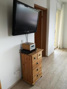 TV de pantalla plana en la parte superior de un tocador en Ferienwohnung Sonnenberg an der Weinstraße, en Leinsweiler