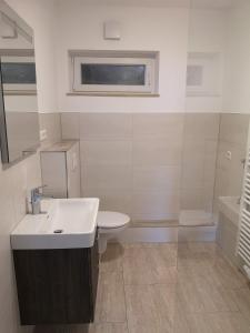 a bathroom with a sink and a toilet and a window at Ferienwohnung Sonnenberg an der Weinstraße in Leinsweiler