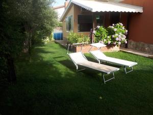 un patio con dos bancos blancos en el césped en Villa degli Ulivi en Su Loi