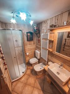 La salle de bains est pourvue d'une douche, de toilettes et d'un lavabo. dans l'établissement Le Grenier de Olga e Mario, à Pré-Saint-Didier