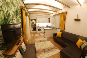 a living room with a couch and a kitchen at Tiny House Cactus söğüt in Marmaris